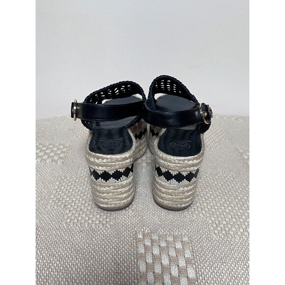 Tory Burch Black Dandy Espadrille Platform Slingback Sandals Woven Leather Logo - Picture 6 of 7
